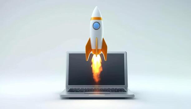 Digital innovation concept with rocket launching from laptop screen photo