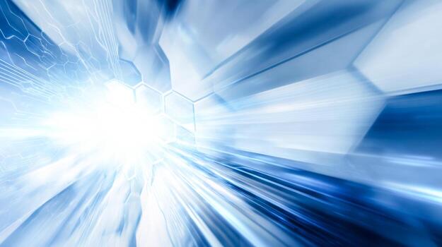 Futuristic blue energy tunnel with hexagonal patterns and light rays photo