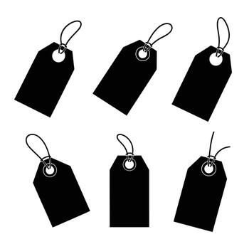 Six Simple Black Price Tags with String, Isolated on White Background, Ideal for Branding and Product Identification, Clean Minimalist Design, Perfect for Mockups. vector