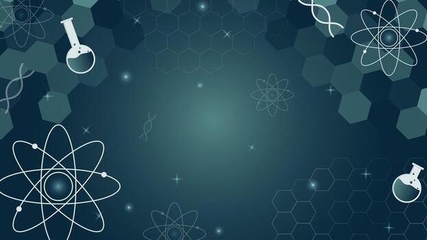 Abstract science background featuring atoms dna molecules hexagonal grid and lab flask perfect for research technology education medical projects and innovative presentations vector