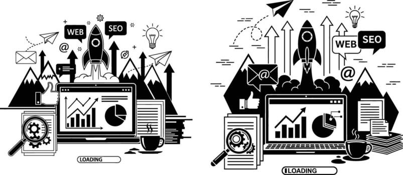 Web SEO Analytics with Rocket Launch, Coffee, Data Visualization and Research Icons vector