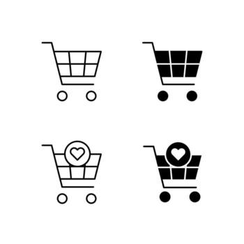 compras carro y lista de deseos icono colección en línea y sólido estilo vector