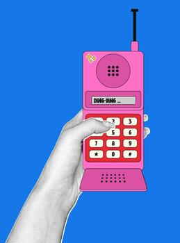 Hand with halftone effect holding a retro push-button phone evoking 90s nostalgia and aesthetic. vector