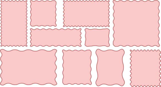 wavy rectangular frames scallop set colorful. Irregular fluid bubbles. Geometric zig zag wavy stickers. Cloudy wave curve edge frame. vector