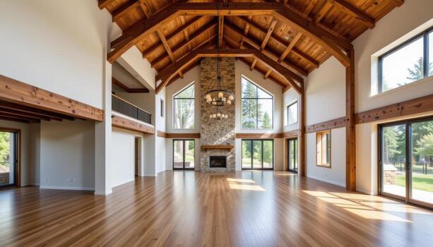 a rustic modern open space with visible ceiling trusses, oak flooring, and sun streaming from tall windows. photo