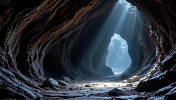 a spacious dark cave with jagged edges, crystal mineral veins, and soft diffused light across the floor. photo
