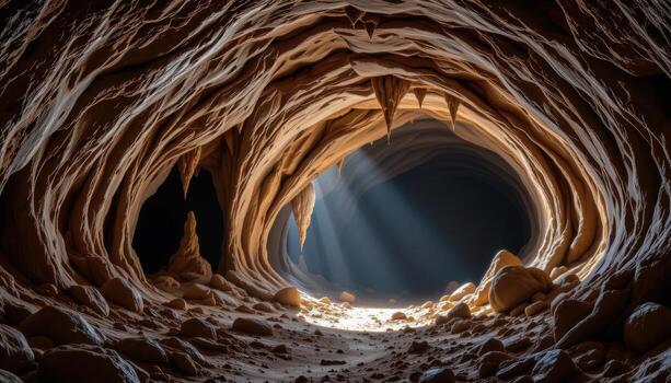 a mysterious limestone cave with stalactites, stalagmites, and faint soft light filtering through cracks. photo
