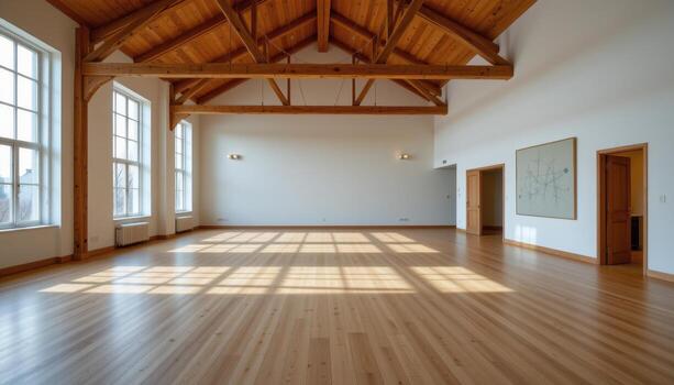 a wide open room with smooth maple flooring, exposed timber beams, and warm light illuminating the space. photo
