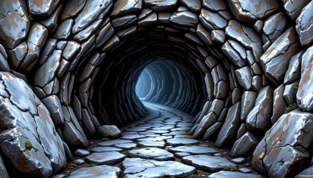 a shadowy winding cavern with uneven stone floors, dripping water, and faint natural light filtering. photo