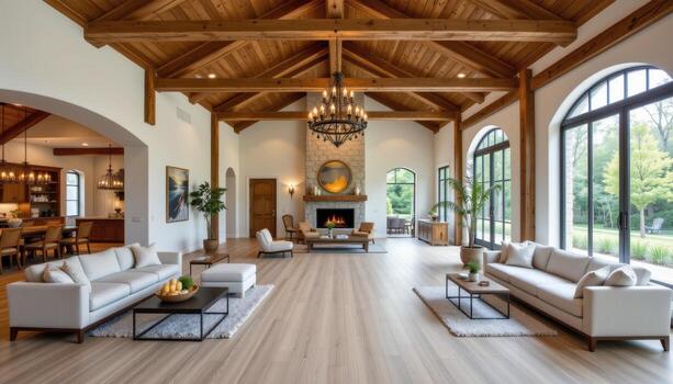 a wide, inviting open space with light wood planks and rustic wood ceiling beams in harmony. photo