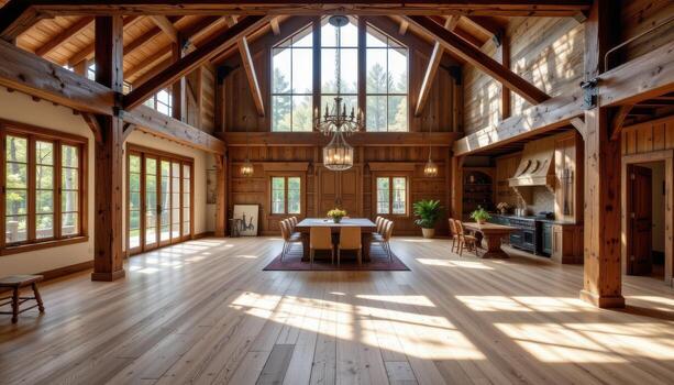 a rustic open space with wide plank oak floors, visible ceiling beams, and bright morning light from tall windows. photo