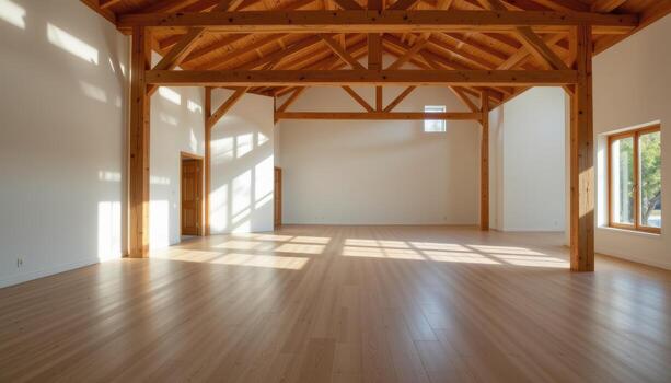 a minimalist open space with wide maple flooring, natural wooden trusses, and warm sunlight casting gentle shadows. photo