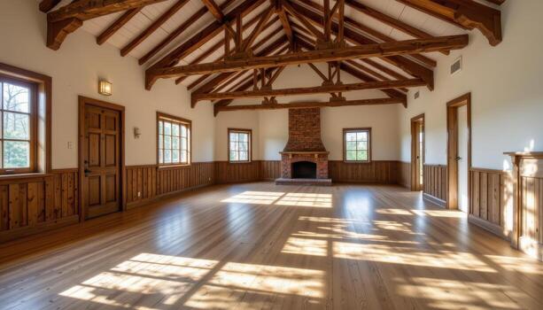 a spacious rustic room with wide hardwood floors, open ceiling trusses, and gentle sunlight streaming in through windows. photo