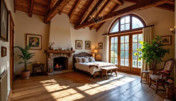 a cozy rustic room with wide plank flooring, exposed timber beams, and sunlight streaming in through large windows. photo