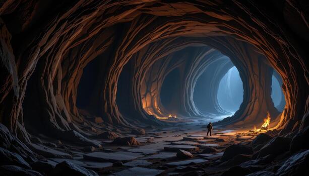 a large underground cavern with jagged stone columns, shadowy corners, and diffused ambient light. photo