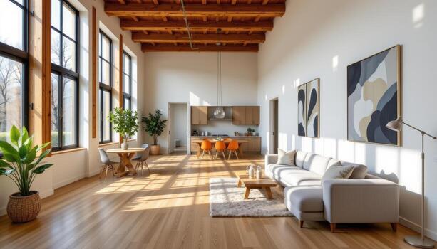 a cozy modern loft with smooth oak flooring, exposed ceiling beams, and warm sunlight illuminating the wide open space. photo