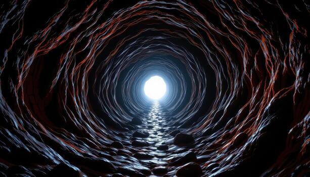 a narrow winding cave with wet stone walls, faint glowing minerals, and light filtering from a distant opening. photo