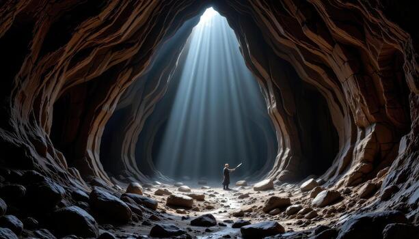 a deep cavern with jagged limestone formations, subtle light beams, and damp shadows stretching across. photo