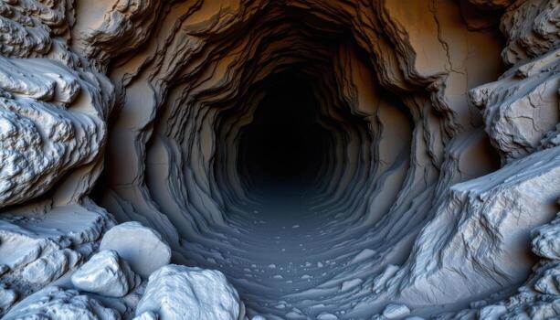 a deep cavernous cave with rough textured rocks and narrow passages disappearing into darkness beyond. photo