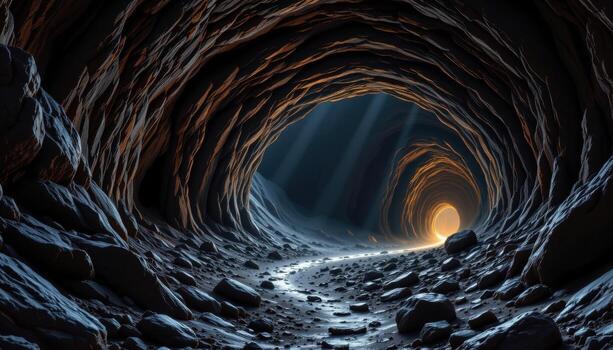 a deep winding cave with jagged edges, crystal mineral veins, and faint pale light from distant openings. photo