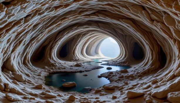 a twisting limestone cave with jagged stalactites, pools of water, and pale natural light filtering in. photo