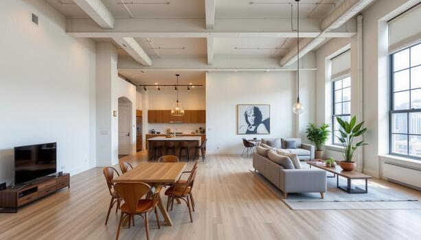 un moderno desván con limpiar minimalista vigas, ligero madera dura pisos, y abierto brillante disposición. foto