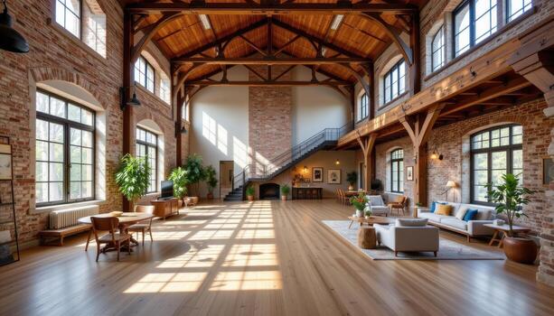 a grand rustic loft with smooth oak floors, exposed ceiling trusses, and bright sunlight streaming from tall windows. photo