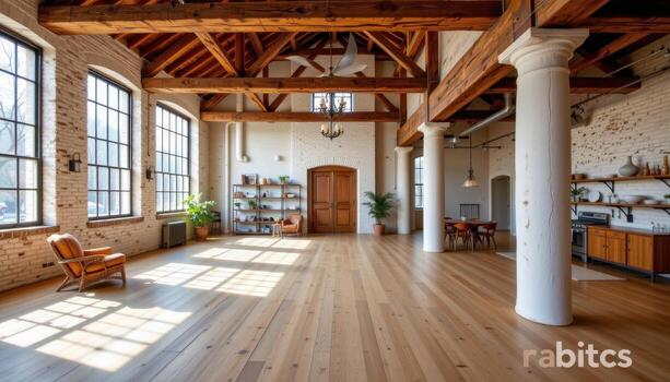 a spacious rustic loft with wide plank oak floors, exposed timber beams, and sunlight streaming through tall windows. photo