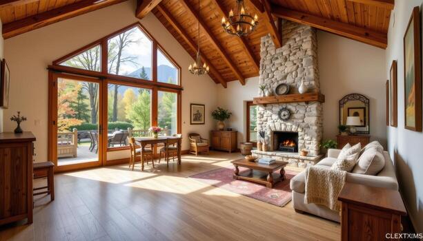 a cozy rustic interior with smooth oak flooring, visible ceiling trusses, and warm light streaming from large windows. photo