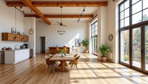 a bright rustic loft with wide oak planks, exposed beams, and soft warm sunlight streaming through large windows. photo