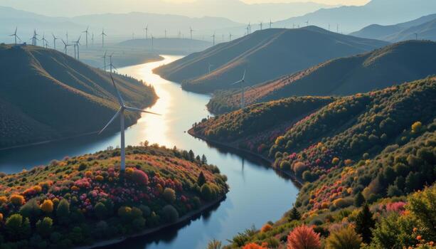 turbines rotate slowly above floral valleys hugging the curves of a calm river glowing in soft light. photo