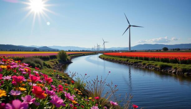 sparkling ripples trace the winding river beneath turbines framed by radiant fields of blooming flowers. photo