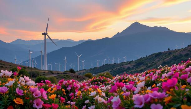 turbines turn silently over colorful blossoms with massive rocky mountains glowing faintly in evening light. photo