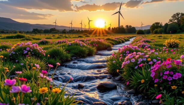 sparkling streams meet wildflower beds while tall turbines rotate silently in the golden afternoon glow. photo