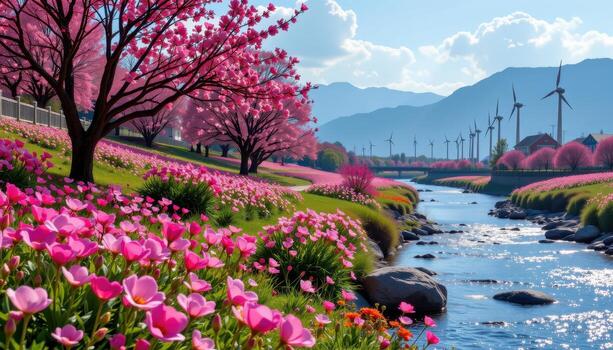 rolling valleys bloom beside sparkling rivers, their petals dancing beneath tall elegant spinning turbines. photo