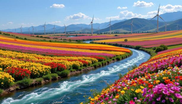 white turbines rise over colorful flower plains, tracing the curves of a crystal clear flowing river below. photo