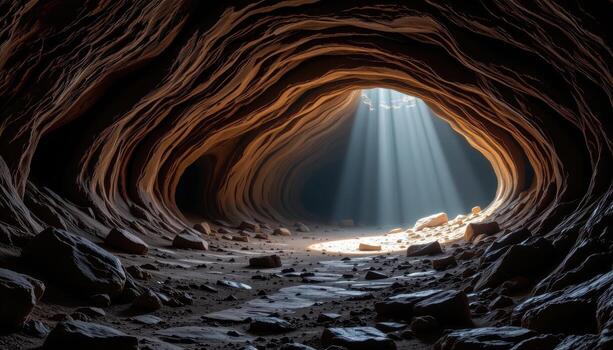 a vast underground cave with uneven floors, jagged rock walls, mineral streaks, and faint soft light streaming through. photo