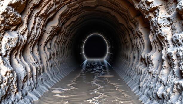 un estrecho subterráneo cueva con desigual pisos, dentado paredes, goteo agua, y sutil difundido ligero filtración adentro. foto