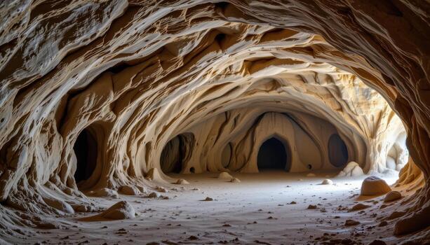 un espacioso caliza cueva con dentado techos, estalactitas, desigual pisos, y suave difundido pálido ligero dentro suavemente. foto