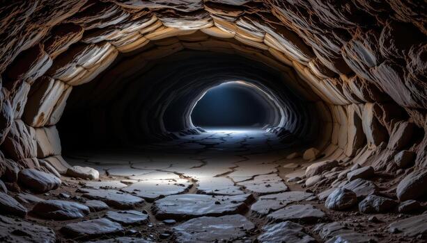 a shadowy limestone cave with uneven floors, mineral streaks, stalactites above, and faint soft light reflecting inside. photo