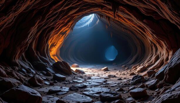 a mysterious twisting cavern with jagged floors, mineral streaks, stalagmites, and faint ambient light filtering gently. photo
