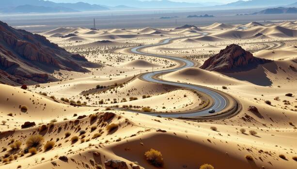 a twisting desert road cutting across barren dunes under mid day sunlight, soft shadows on curves. photo