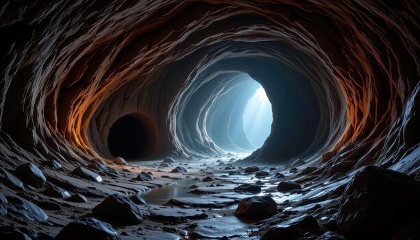 a vast underground cave with jagged stone walls, soft ambient light reflecting on damp mineral surfaces. photo