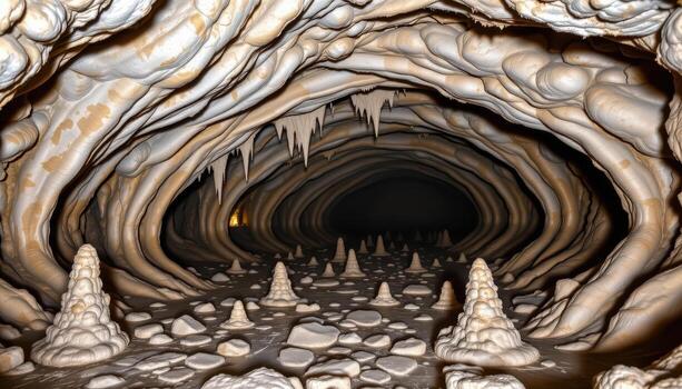 a deep twisting limestone cavern with stalactites above and stalagmites rising from uneven stone floors. photo