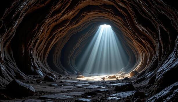 a mysterious cave with high ceilings, uneven floors, mineral veins, and subtle beams of diffused sunlight inside. photo