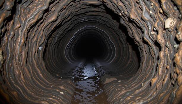 a dark underground cave with narrow passages, rough stone floors, and subtle reflections on wet minerals. photo