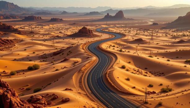 a twisting road through endless desert sands, illuminated by warm sunlight and scattered rock formations. photo