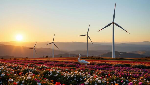 white turbines rotate above floral carpets while distant mountains shimmer faintly in the golden light. photo