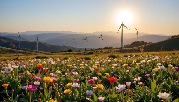 white turbines rotate quietly above wildflowers with distant mountain silhouettes basking in soft light. photo