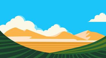 resumen escena de verde sierras, ocre llanuras y laminación dunas debajo azul cielo. Perfecto para viaje anuncios, web encabezados, blogs, carteles, y naturaleza temas vector